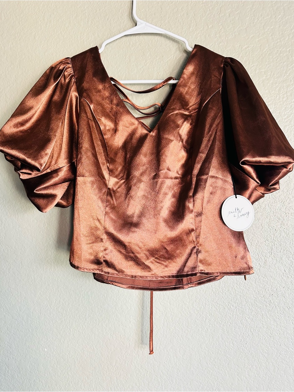 Satin Puff Sleeve V-Neck Blouse in Bronze